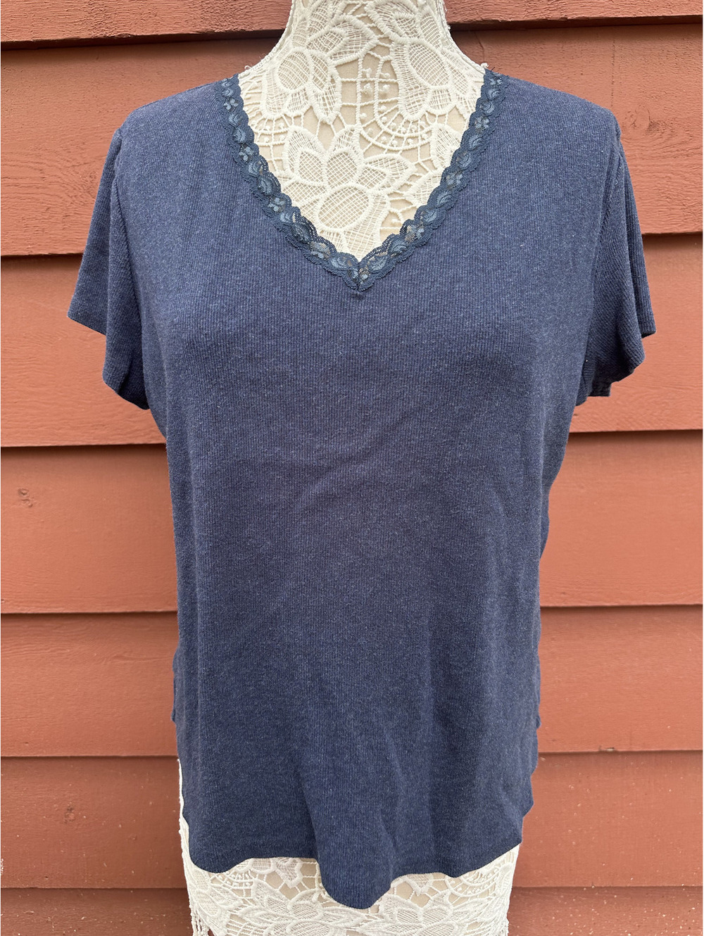 Faded Glory Indigo Heather Stretch Tee with Lace Trim